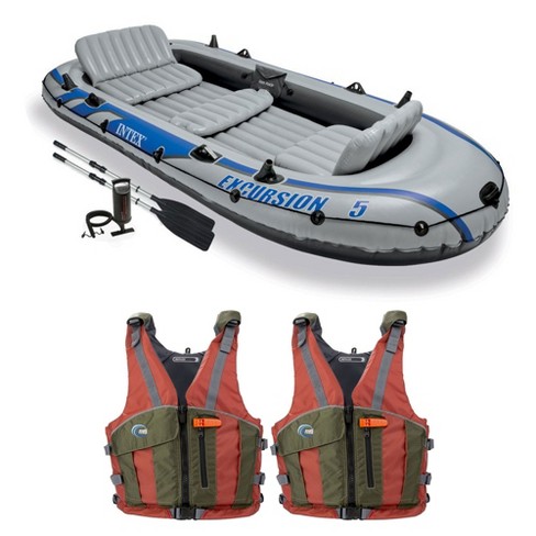 Intex Excursion 5 Person Inflatable Raft, 2 Oars and 2 Copper Life Jackets,  M/L
