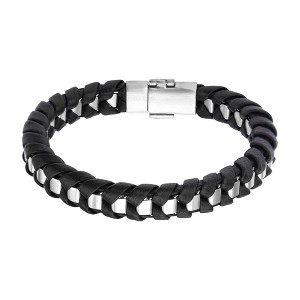 Men's Steel Art Stainless Steel with Black Leather Thread Bangle Bracelet (8") - 1 of 4