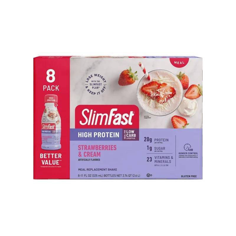 SlimFast High Protein - Low Carb Ready to Drink Nutritional Milkshake - Strawberry &#38; Cream - 11 fl oz/8pk, 1 of 5