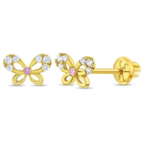 Girls' Dainty CZ Butterfly Screw Back 14k Gold Earrings - Pink & Clear - In  Season Jewelry