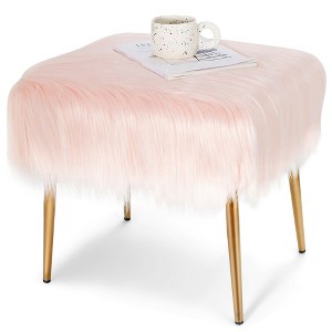 Costway Faux Fur Vanity Stool Square Furry Ottoman w/ Golden Metal Legs - 1 of 4