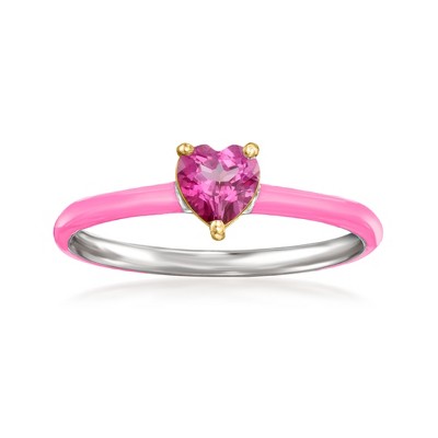 Pure Collection by Ross-Simons 0.50 Carat Pink Topaz Heart Ring With Single Diamond and Pink Enamel in Sterling Silver and 14kt Yellow Gold