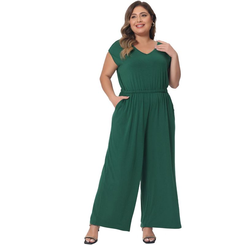 Agnes Orinda Women's Plus Size V Neck Cap Sleeve Wide Legs with Pockets Casual Jumpsuits, 3 of 6