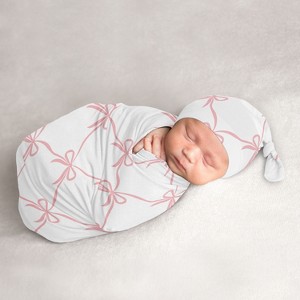 Sweet Jojo Designs Girl Baby Cocoon and Beanie Hat Swaddle Wrap Ballerina and Ballet Bows Pink and White 2pc - 1 of 4