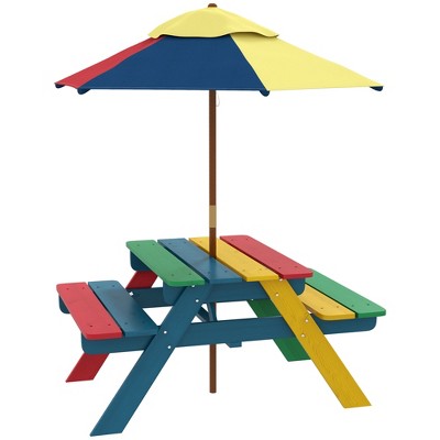 Multicolor Fir Wood Kids Picnic Table Set with Removable Parasol