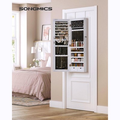 SONGMICS Hanging Mirror Jewelry Cabinet Wall/Door Mounted Jewelry Armoires with LED Interior Lights Jewelry Organizer Box Holder
