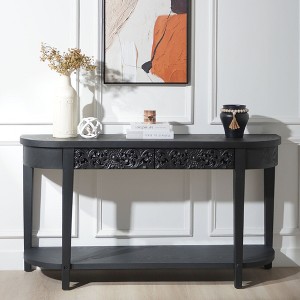 HDZNVF 59.2in Black Carved Wooden Console Table with Lower Storage Shelf and Tow Drawers - 1 of 4