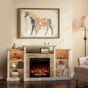 Modern fireplace TV stand with open storage, LED lights and charging sockets - 1 of 4
