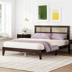 Luxystar Queen Size Rubber Wooden Bed with Rattan Headboard and Support Feet for Bedroom - 1 of 4
