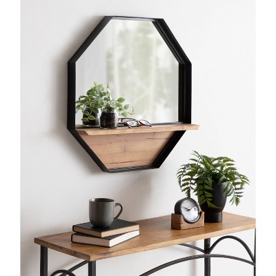 Octagon Black Metal Wall Mirror with Wood Shelf