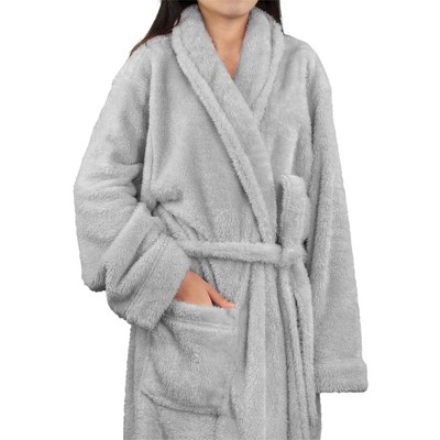 Gray Plush Fleece Faux Shearling Shaggy Bathrobe
