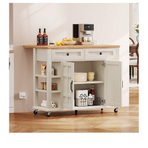 Rolling Kitchen Island Cart with Folding Drop Leaf & Power Outlets Kitchen Storage Cart with Drawers with Adjustable Shelves, Beige - 1 of 4