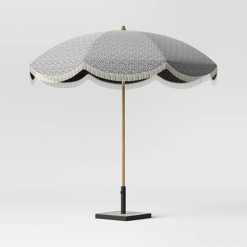 8 5 Round Patio Umbrella Duraseason Fabric With Scalloped Edge And Fringe Black Dots Light Wood Pole Opalhouse Target