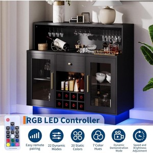 Modern Bar & Coffee Station with LED Lights, Lockable Glass Door & Spacious Countertop for Kitchen Living Game Room, Holds 8 Bottles & 15 Glasses - 1 of 4