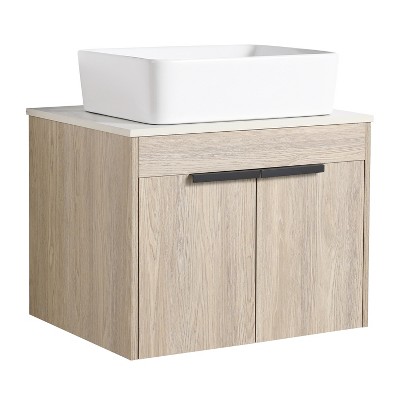 Vynxaria 36 in. Single Suspended White Oak Plywood Bath Vanity with White Slate Ceramic Top KD-PACKING Ready to Assemble