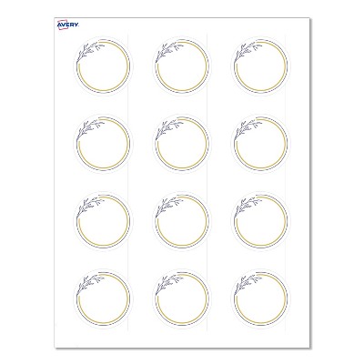 Avery Labels, 2" Diameter, Matte White, Gold & Navy Border w/ Florals, 120ct
