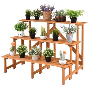 Costway 3 Tier Wide Wood Plant Stand Flower Pot Holder Display Rack Shelves Step Ladder - 1 of 4