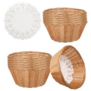 Aoibox 12 Pcs Round Small Plastic Bread Basket, Wicker Basket for Serving Woven Food Storage, Fruit Basket,Gift Basket with Food Blotting Sheets Brown - 1 of 4