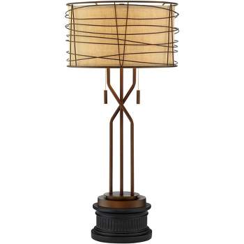Franklin Iron Works Marlowe Farmhouse Rustic Table Lamp with Riser 33" Tall Bronze Metal Double Drum Shade for Bedroom Living Room Bedside Nightstand