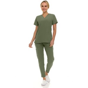 Saint Scrubs Womens 9-Pocket Medical Uniform Set- V-Neck Stretch Top with Tapered Straight Leg Pants - 1 of 4
