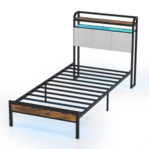 Costway Full/Queen/King Size Bed Frame w/Charging Station, Metal Platform Bed w/Upholstered Headboard - 1 of 4