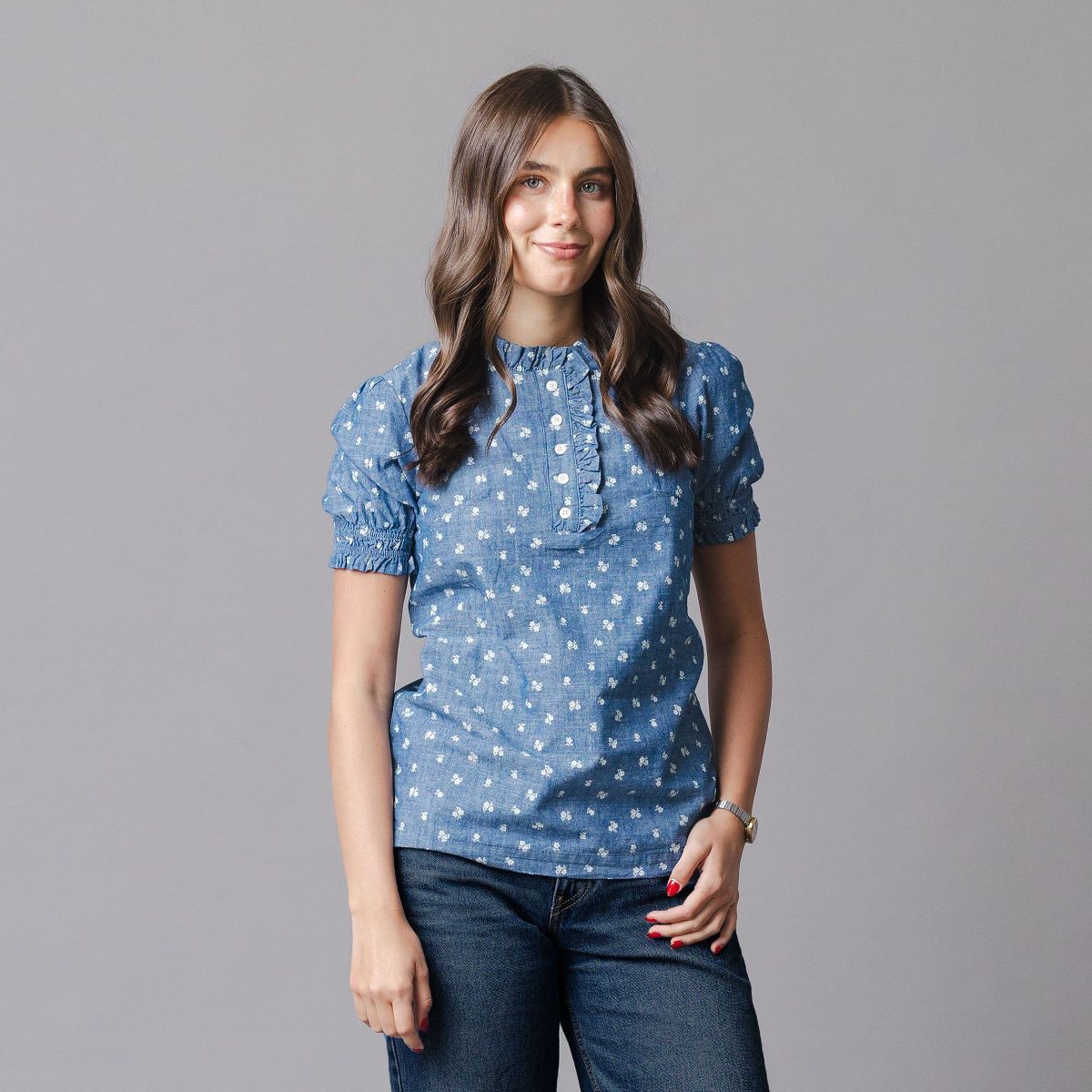 Hope & Henry Organic Chambray Puff Sleeve Top, Adult - thumbnail 2