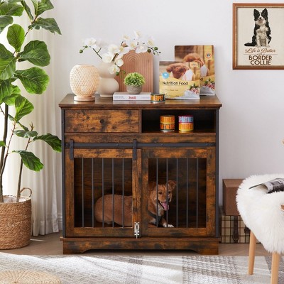 Dog Crate Furniture, Dog Crate with Sliding Barn Door, 35" Dog Kennel Furniture Heavy Duty Wood Crates for Small/Medium/Large Dogs Kennel Indoor