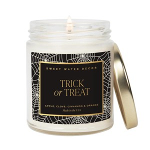 Sweet Water Decor Patterned Trick or Treat 9oz Clear Jar Candle with Gold Lid - 1 of 3
