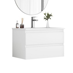 Gulches 32 in 1 Sink Wall-Mounted Vanity White Bath Vanity with White Ceramic Top Double Soft-Close Drawers Rounded Fronts Handle-Free - 1 of 4