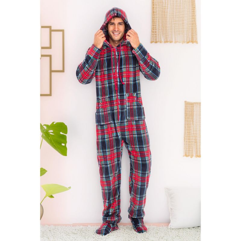 Men's Warm Fleece One Piece Hooded Footed Zipper Pajamas Set, Soft Adult Onesie Footie with Hood for Winter, 5 of 9
