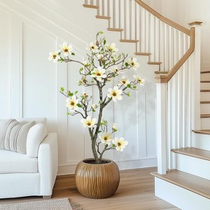 4FT Artificial Magnolia Tree with Real Touch Flowers & Leaves – Fake Plants with Moss In White Pot for Home Office Living Room Decor - 1 of 4