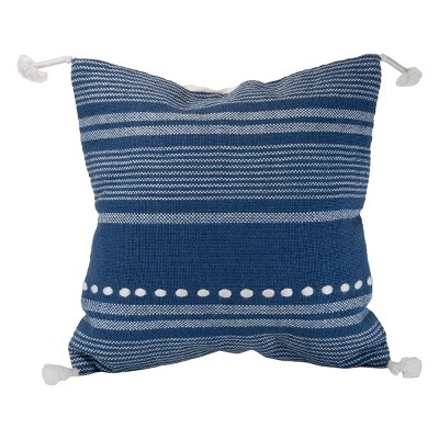 Blue And White Hand Woven 18 X 18 Inch Decorative Cotton Throw Pillow Cover  With Insert And Hand Tied Braiding And Pom-poms - Foreside Home & Garden :  Target