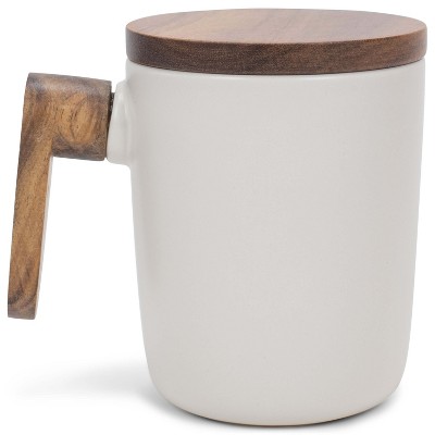 Nat & Jules Japanese Style Cream 12 ounce Stoneware Wood Handled Mug With Coaster Lid