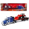 Kenworth W900 Truck with Flatbed Trailer Blue Met. w/Farm Tractor Red "Long Haul Truckers" Series 1/32 Diecast Model by New Ray - 4 of 4