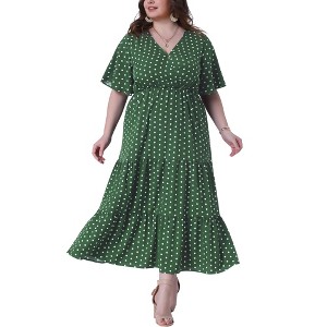 Agnes Orinda Women's Plus Size Polka Dot V Neck Short Sleeve Elastic Waist Maxi Casual Summer A Line Tiered Dress - 1 of 4