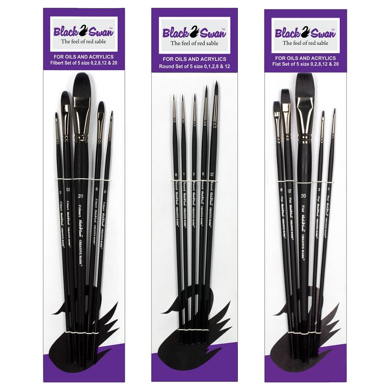 Black Swan Synthetic Red Sable Paint Brushes Set of 15 - High Quality Long Handle Paint Brushes in Assorted Shapes and Sizes for Oils, Heavy Body, 1 of 7