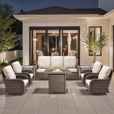 Buenhomino Patio Furniture Set with 30" Fire Pit Table-High Back Outdoor Swivel Chairs Set with Thick Cushions Outdoor Patio Conversation Sets