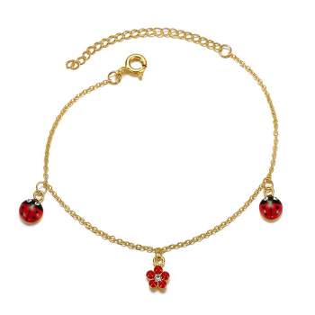 14k Gold Plated Red & Black Enamel Crystal Lady Bug & Flower Triple Charm Bracelet