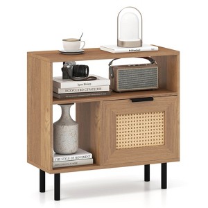 Costway Boho Rattan Nightstand Wooden End Table with Storage Shelf Cabinet & Metal Legs - 1 of 4