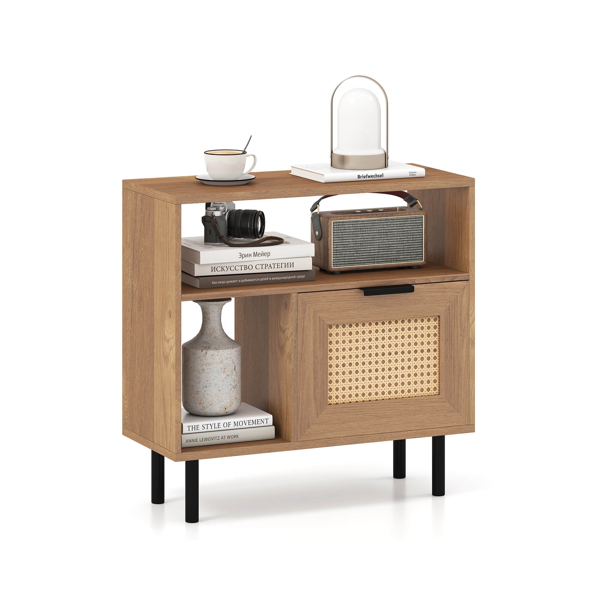 Costway Boho Rattan Nightstand Wooden End Table with Storage Shelf Cabinet & Metal Legs