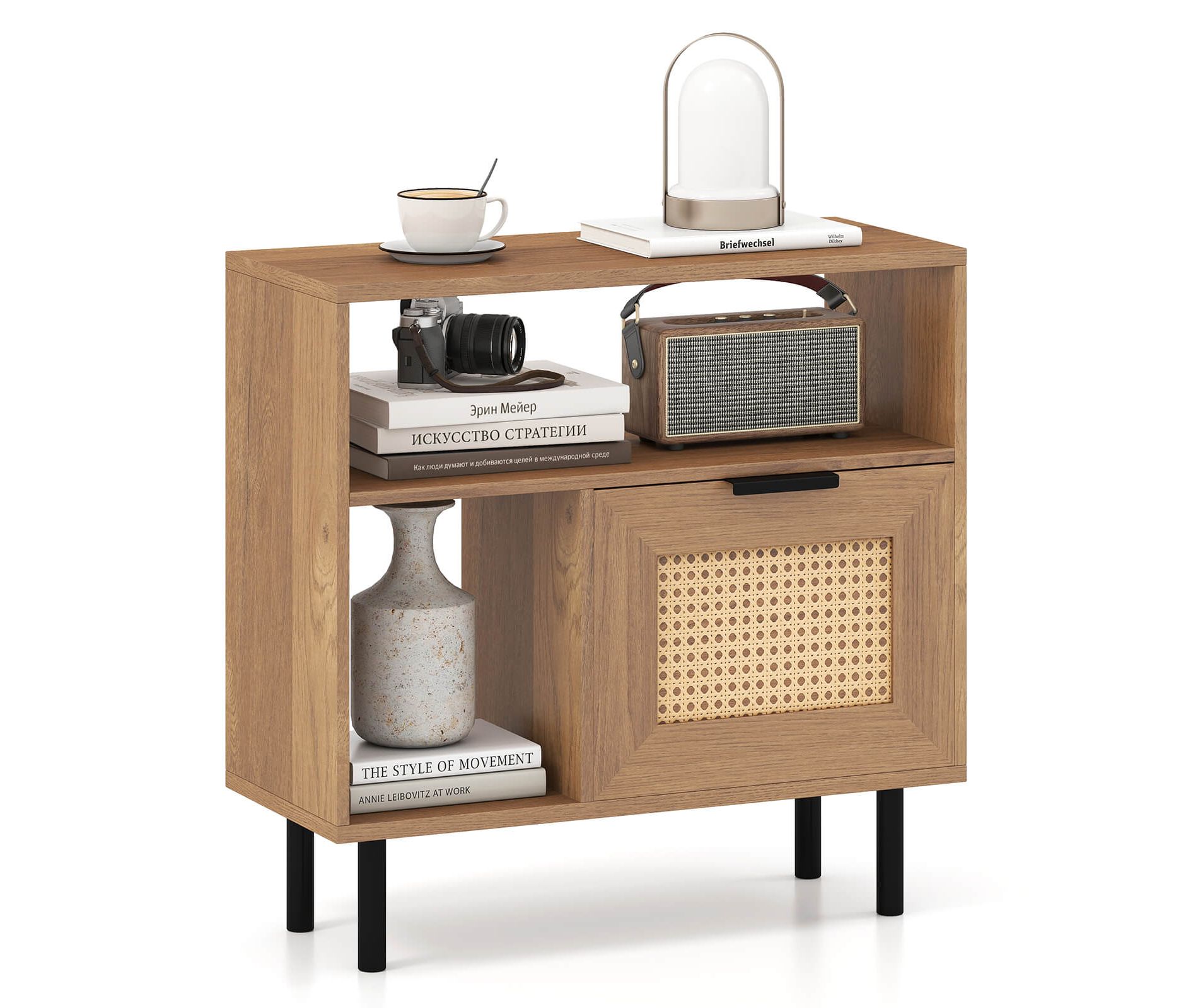 Costway Boho Rattan Nightstand Wooden End Table with Storage Shelf Cabinet & Metal Legs