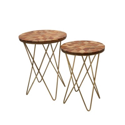 2pc Metal and Wood Accent Tables Brown - Sagebrook Home