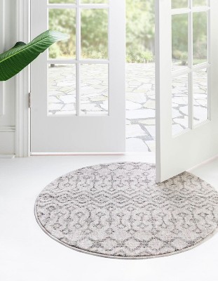 Ivory Round Trellis Stain-Resistant Synthetic Area Rug