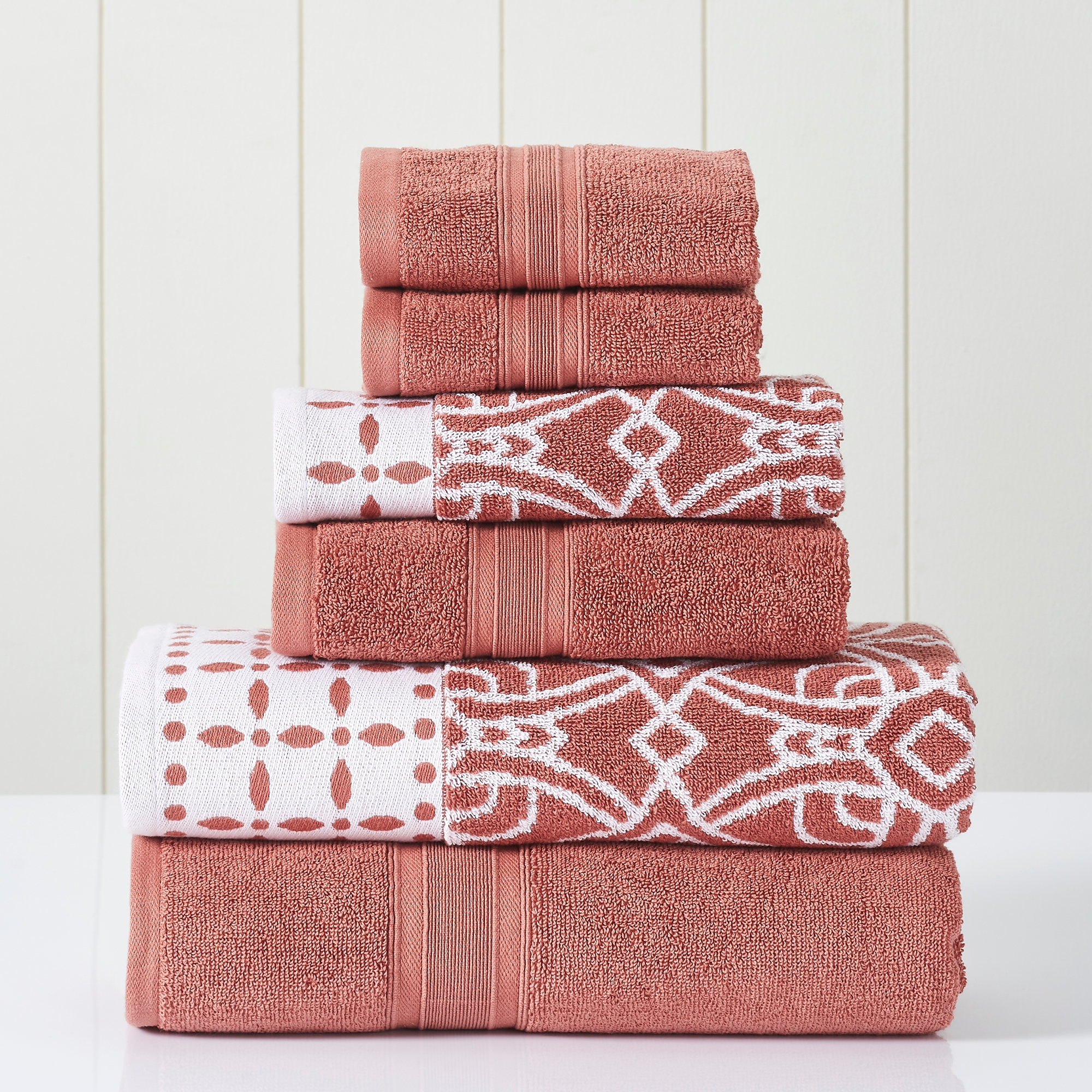Modern Threads Monroe 6-pc Yarn Dyed Jacquard/Solid Towel Set, Clay