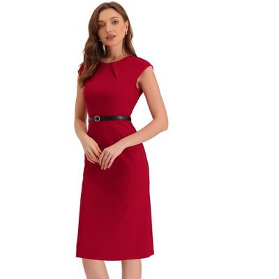 INSPIRE CHIC Women's Elegant Business Round Neck Belted Cap Sleeve Work Sheath Dresses