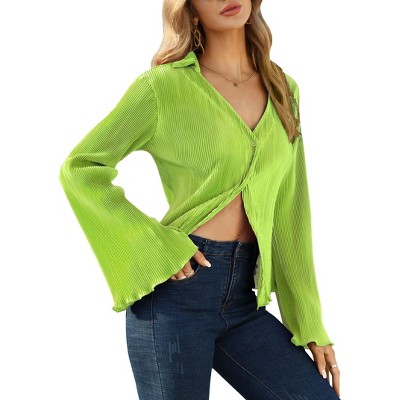 Womens V Neck Flared Long Sleeve Tops Button Down Dressy Casual Shirts Top