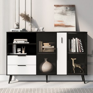 Sideboard Buffet Cabinet, 2 Door Storage Cabinet With 2 Drawers, Metal Handles And 5 Feet, Open Storage Space Coffee Bar Cabinet - 1 of 4