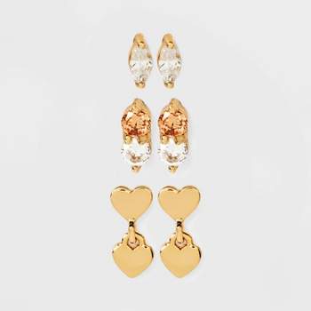 14K Gold Plated Cubic Zirconia Heart Stud Earring Set 3pc - A New Day™ Gold