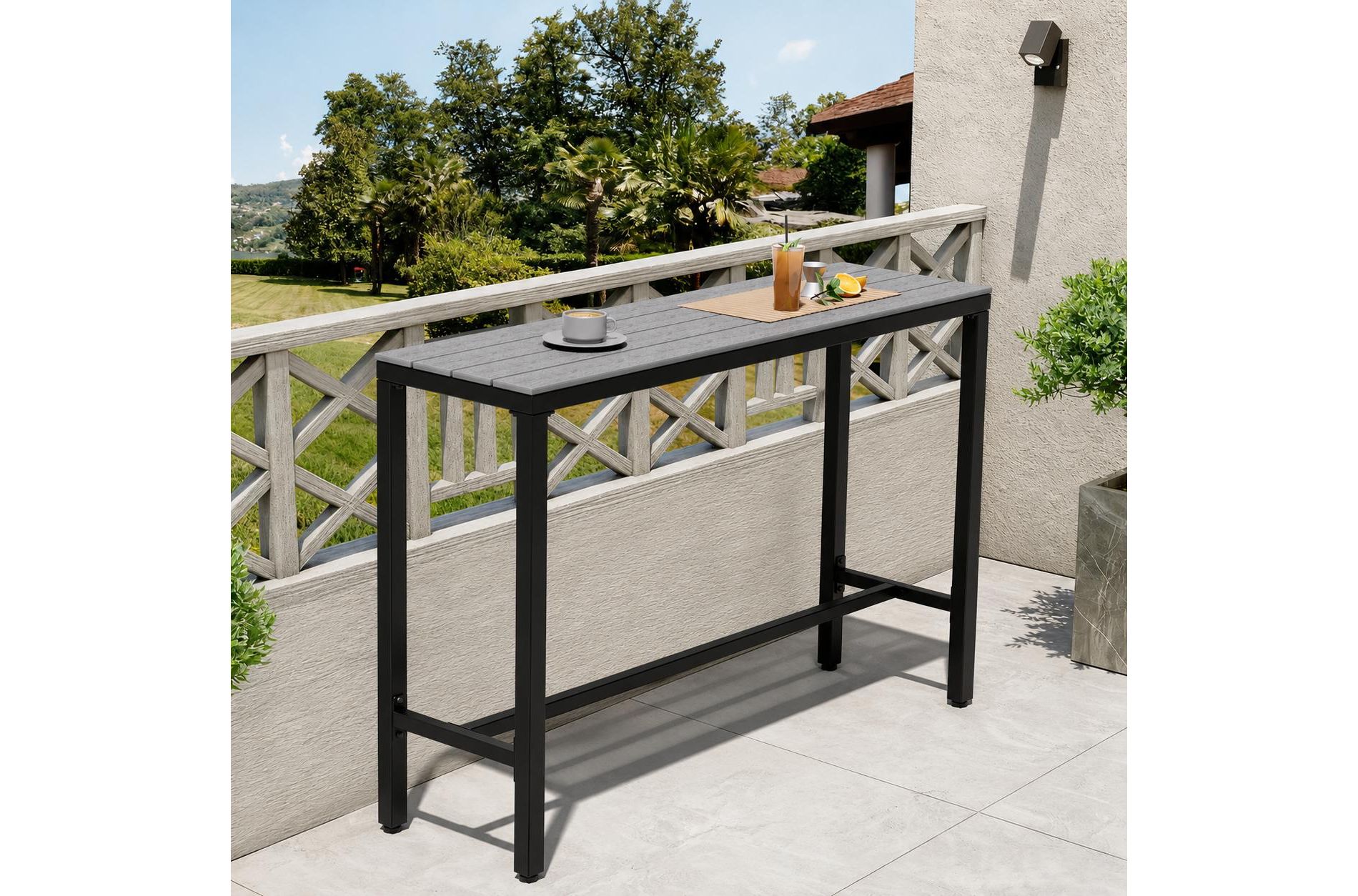 Pellebant 55in Outdoor Bar Table Rectangular Patio Counter Height Table Wood-Look Top Metal Frame Dark Gray