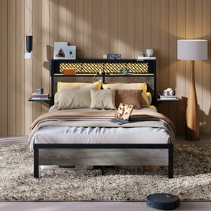Bed Frame Metal Platform Bed with LED Storage Headboard Charge Station - 1 of 4